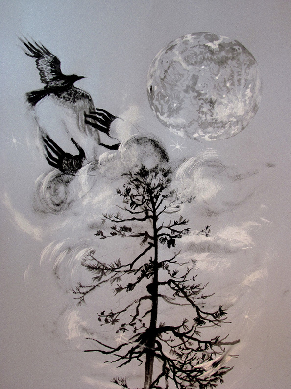 Liz Downing drawing,  Hands Do the Moons Bidding