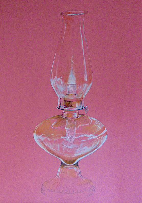 Liz Downing drawing, Oil lamp on Pink