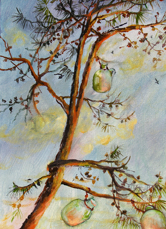 Liz Downing painting, Bottle Tree, Arching Virginia Pine