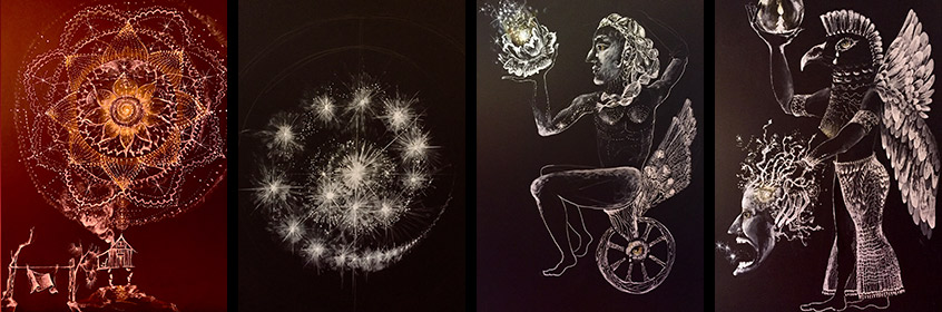 Liz Downing drawings gallery, Gouche, Ink and Colored Pencil on Black Paper